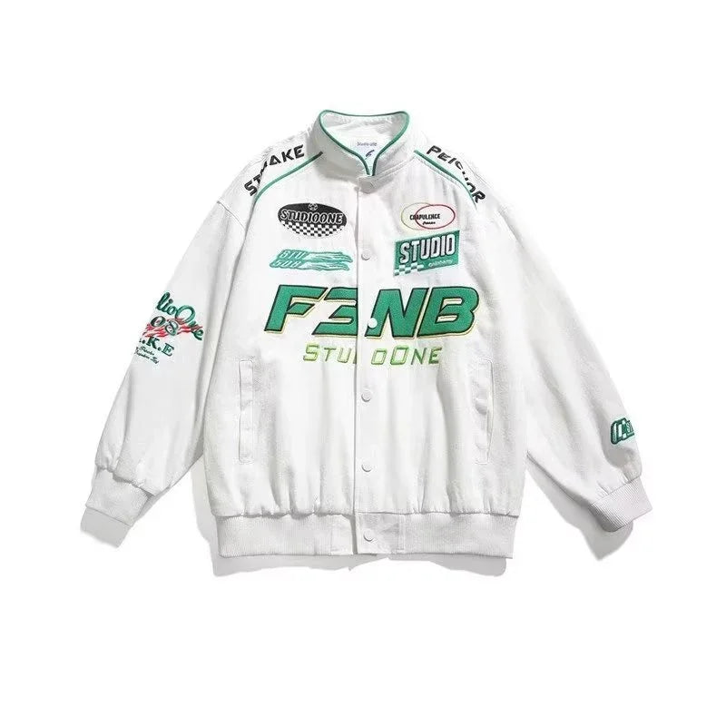 F3.NB Street Racing Bomber Jacket White, XS - Streetwear Jacket - Slick Street