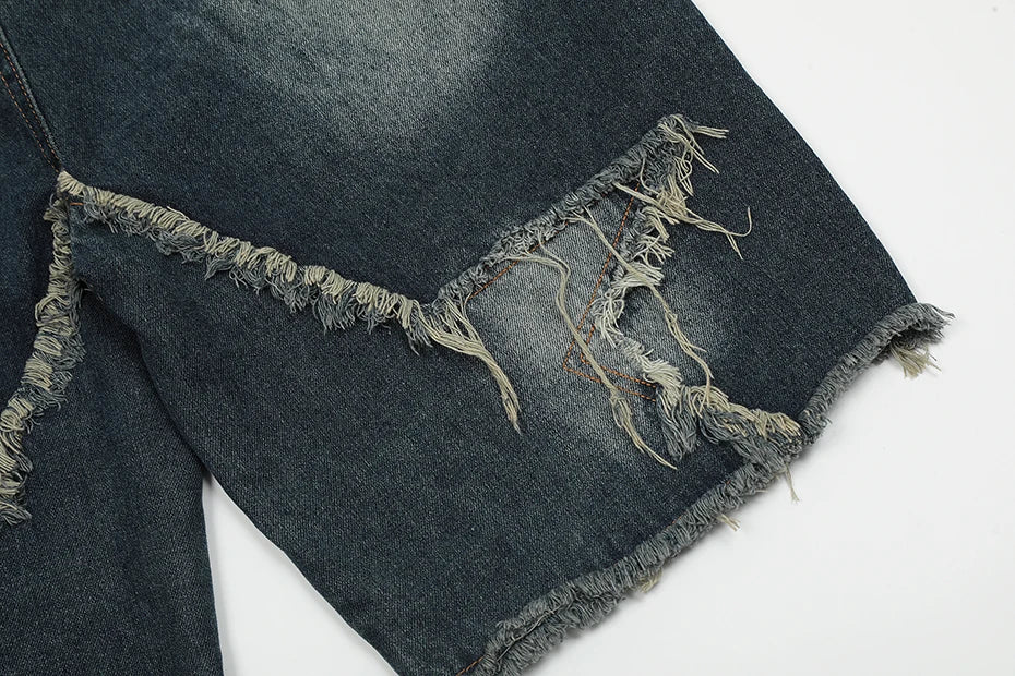 Blue Denim Tassel Star Shorts , - Streetwear Shorts - Slick Street