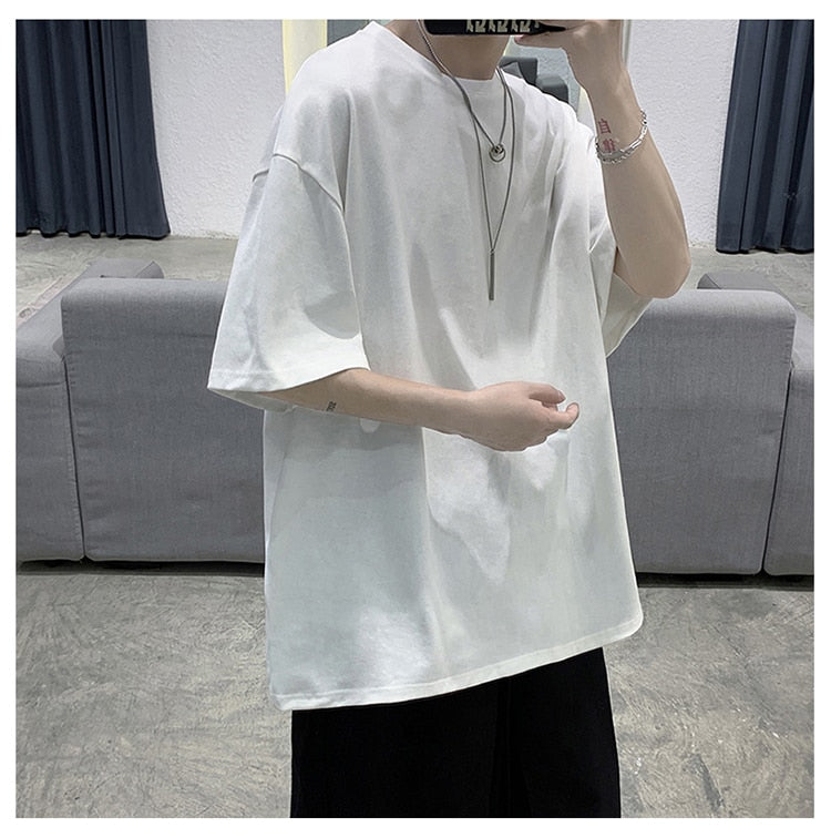 Loose Round Neck Plain T-shirt White, S - Streetwear T-Shirt - Slick Street