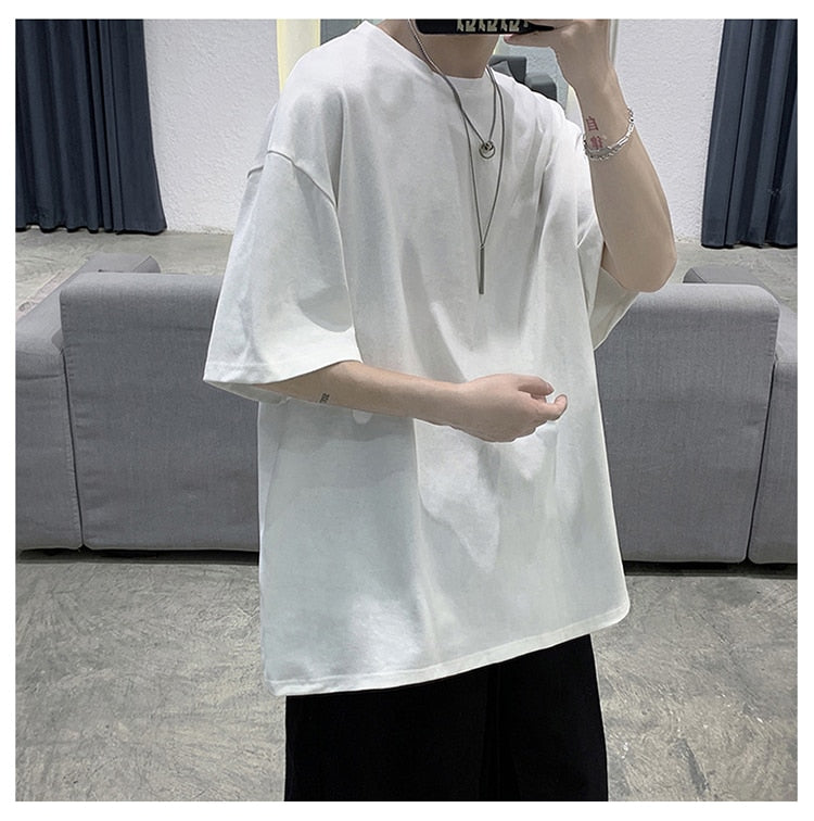 Loose Round Neck Plain T-shirt , - Streetwear T-Shirt - Slick Street