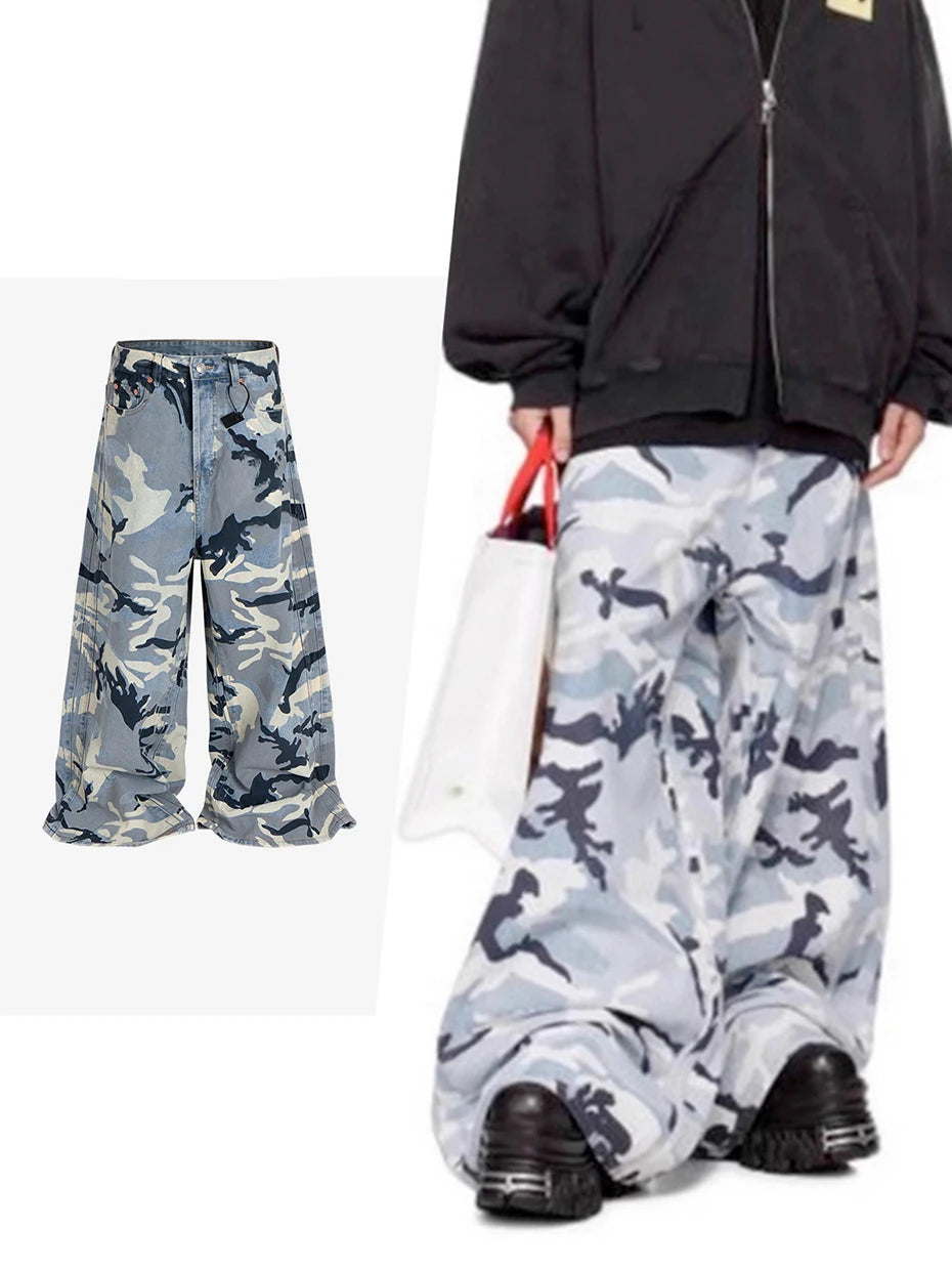 Blue Camo Wide Leg Pants , - Streetwear Pants - Slick Street