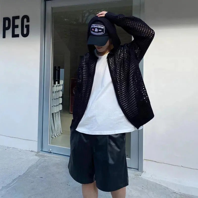 Hollow Knitted Cardigan Long Sleeve Hooded Black, M - Streetwear Hoodie - Slick Street