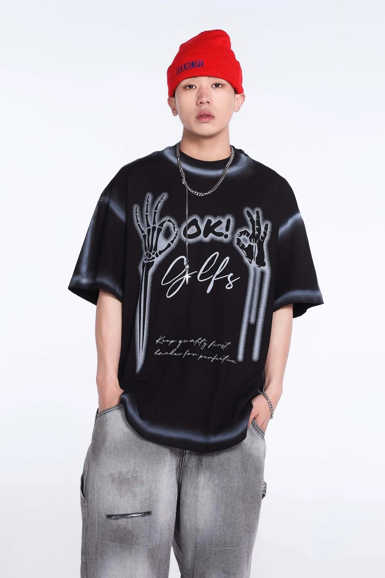 Black Lining Skeleton Hands Graphic T-Shirt ,  - Streetwear T-Shirt - Slick Street
