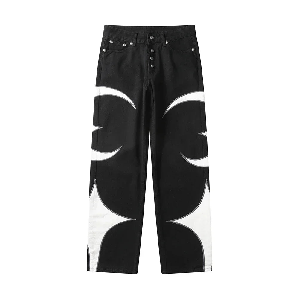 Crescent Embroidery Patchwork Baggy Pants black, S - Streetwear Pants - Slick Street