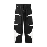 Crescent Embroidery Patchwork Baggy Pants black, S - Streetwear Pants - Slick Street