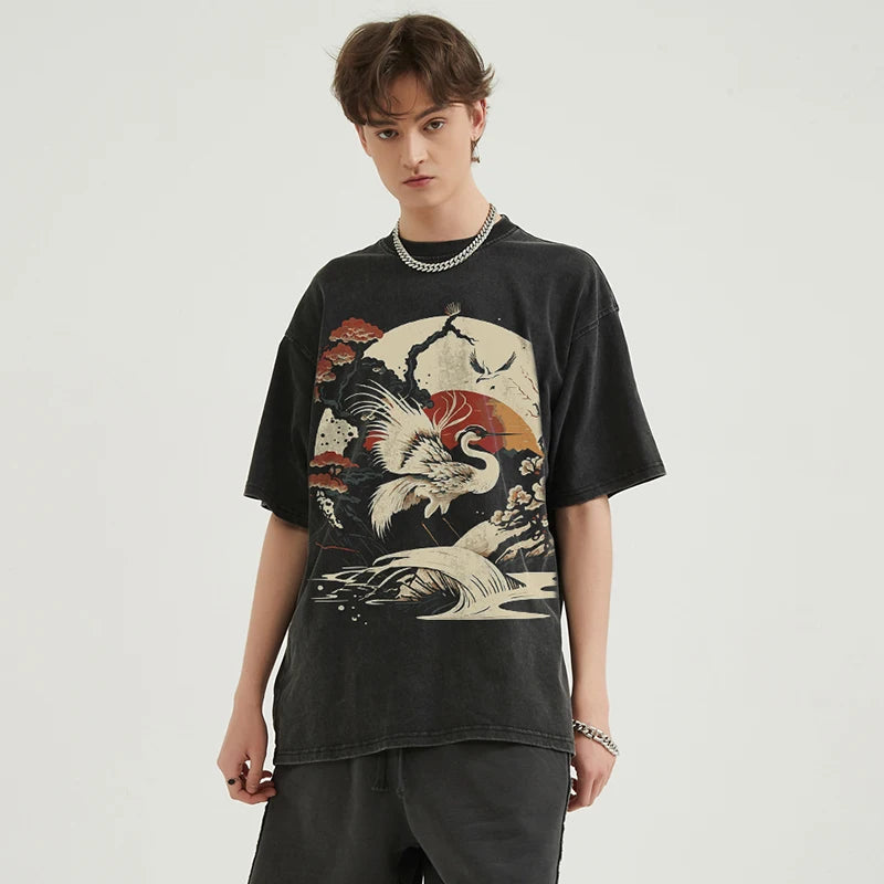 Rising Sun And Whooping Crane Graphic T-Shirt ,  - Streetwear T-Shirt - Slick Street