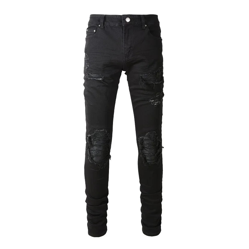 Black Distressed Tapered Skinny Pants Black, 26 - Streetwear Pants - Slick Street