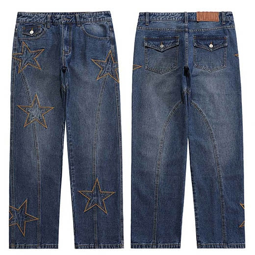 Stars Embroidery Denim Pants S, Blue - Streetwear Pants - Slick Street