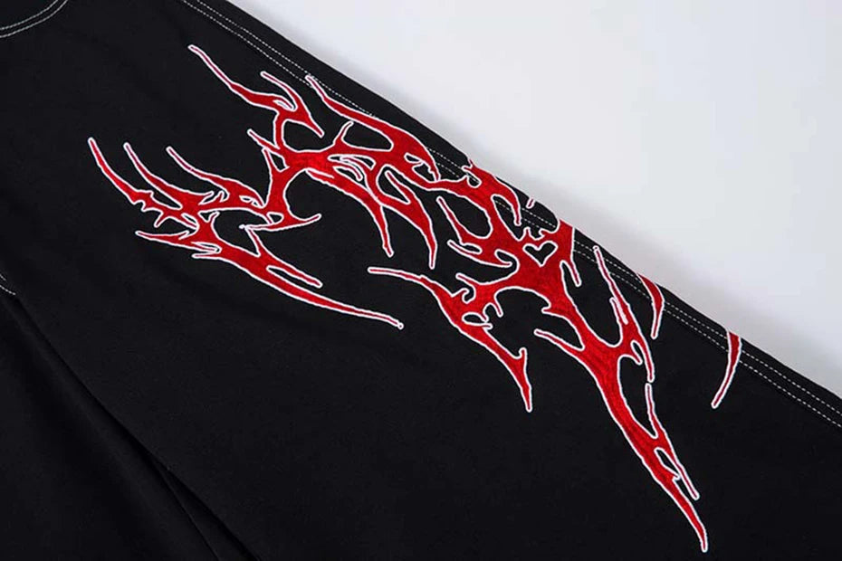 Flame Embroidery Straight Leg Pants , - Streetwear Pants - Slick Street