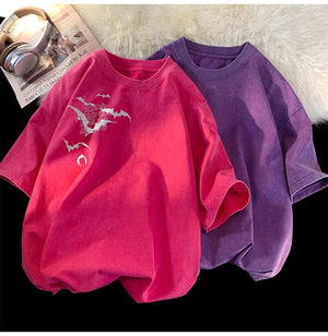 Flying Bat Graphic Gothic Washed Corduroy T-Shirt ,  - Streetwear T-Shirt - Slick Street