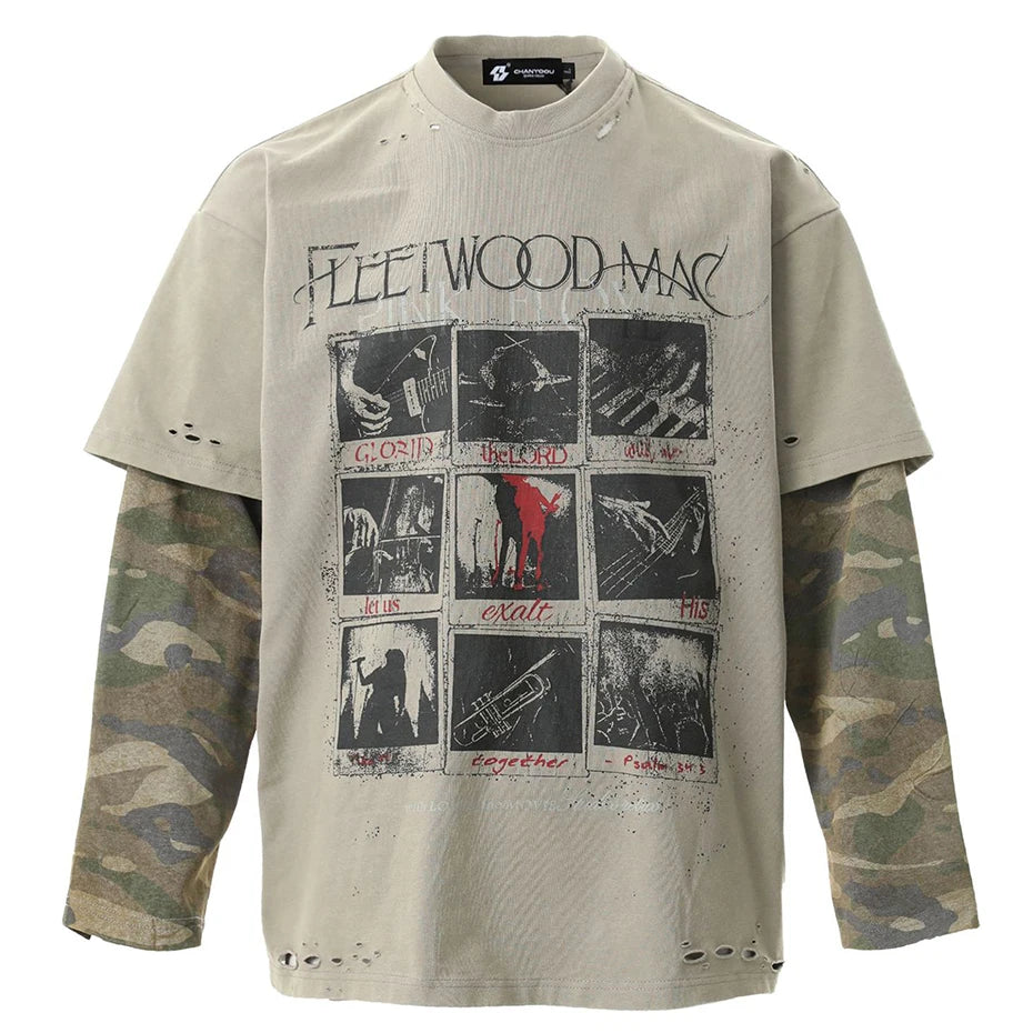 Fleetwood Mac Camo Long Sleeve T-Shirt Gray, S - Streetwear T-Shirt - Slick Street