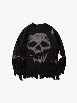 Distressed Gothic Skull Knitted Sweater black, XS - Streetwear Sweatshirts - Slick Street
