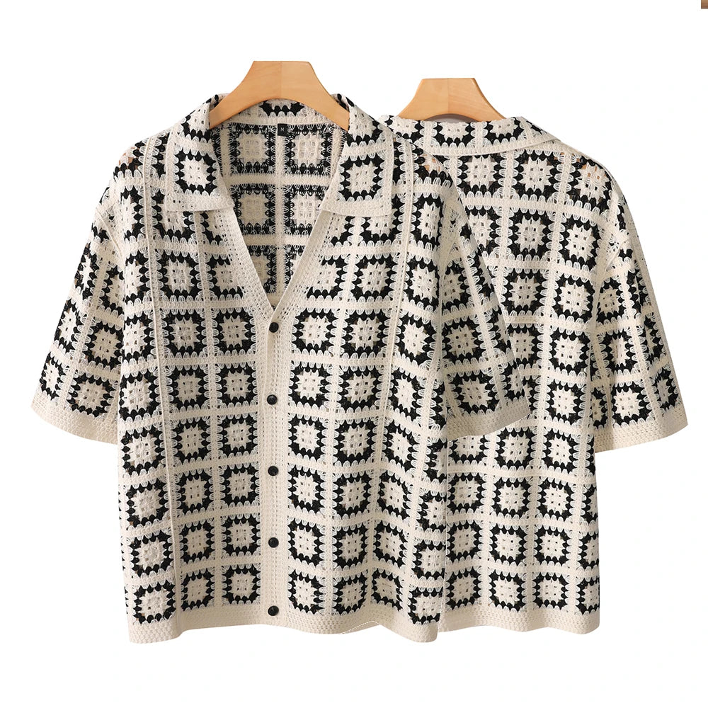 V-Neck Knitted Short Sleeve Shirt , - Streetwear Shirt - Slick Street