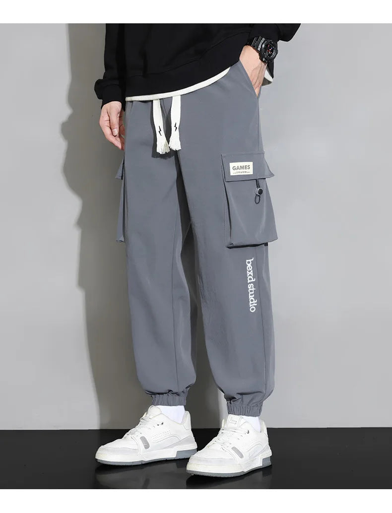 Plain Color Drawstring Knee Cargo Pocket Pants ,  - Streetwear Pants - Slick Street