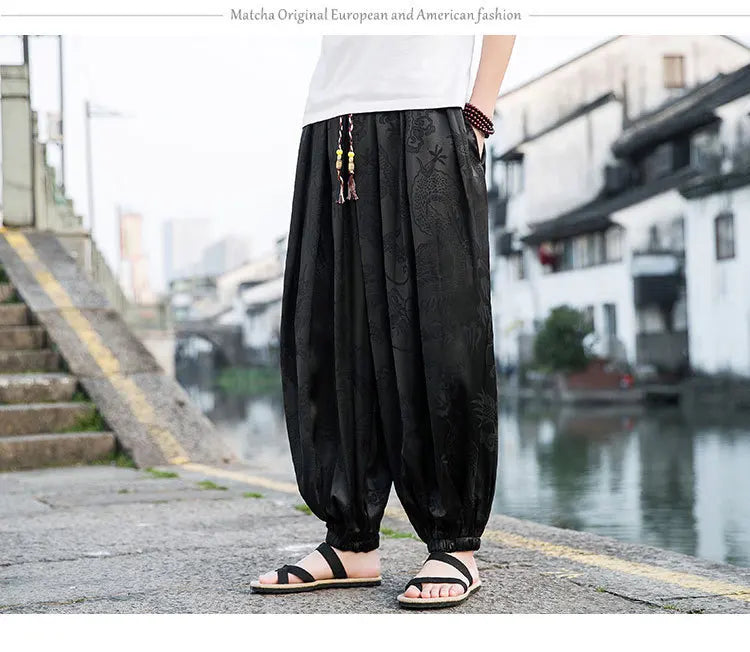 Dragon With Flower Theme Pants , - Streetwear Pants - Slick Street