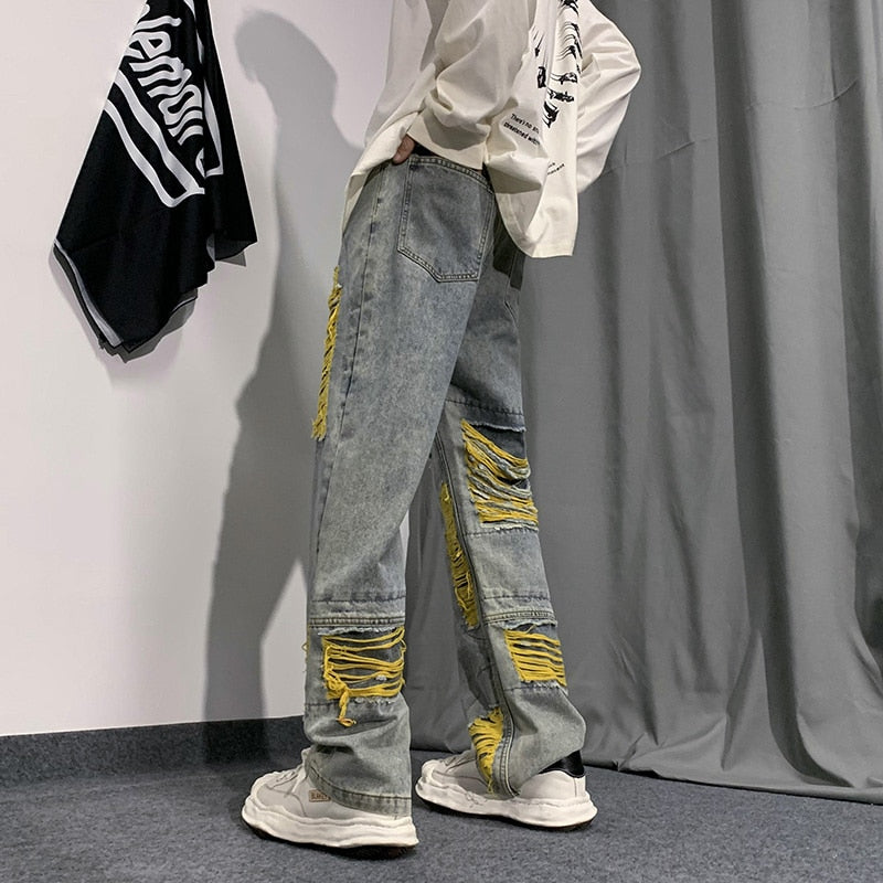 Denim Streetwear Ripped Patches Pants ,  - Streetwear Pants - Slick Street