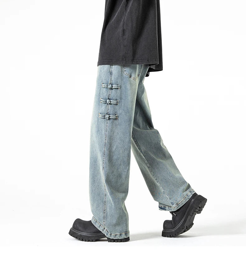 Side Coil Button Design Jeans , - Streetwear Jeans - Slick Street