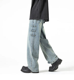 Straight Legs Side Coil Button Pants , - Streetwear Jeans - Slick Street