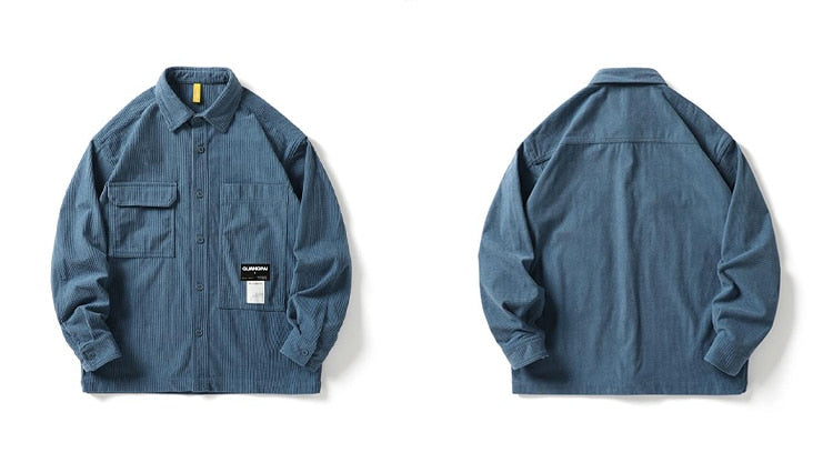 Corduroy Waffle Plaid Semi Collar Overshirt ,  - Streetwear Tops - Slick Street
