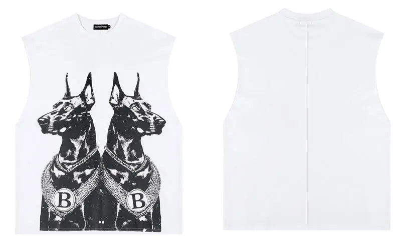 Top Tank Doberman Graphic Sleeveless T-Shirt White, M - Streetwear T-Shirt - Slick Street