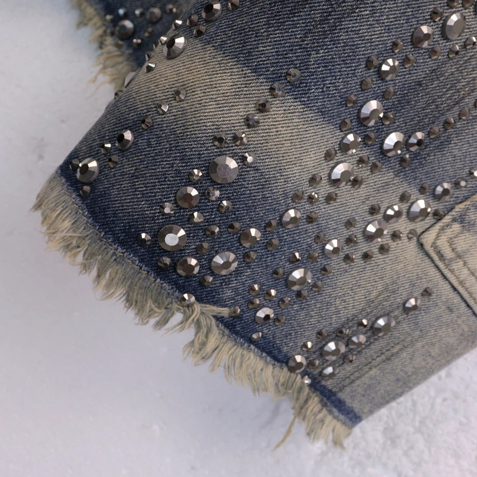Fire Diamond Denim Rhinestone Shorts , - Streetwear Shorts - Slick Street