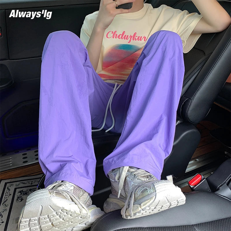 Solid Color Oversized Cargo Pants Purple, M - Streetwear Pants - Slick Street