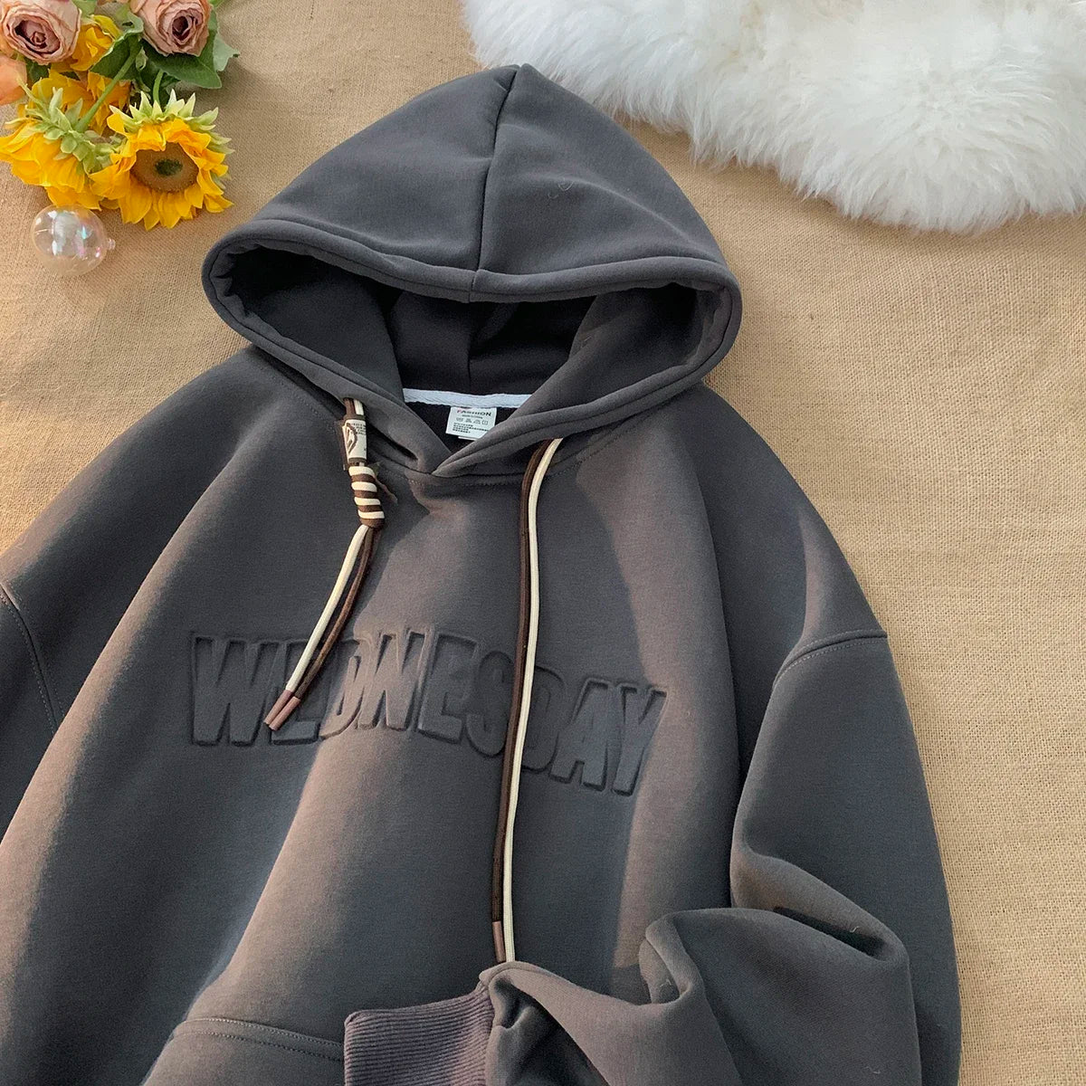 Drawstring Wednesday Embossed Letters Hoodie Dark Grey, XS - Streetwear Hoodie - Slick Street