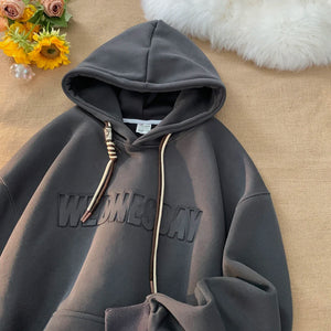 Drawstring Wednesday Embossed Letters Hoodie Dark Grey, XS - Streetwear Hoodie - Slick Street