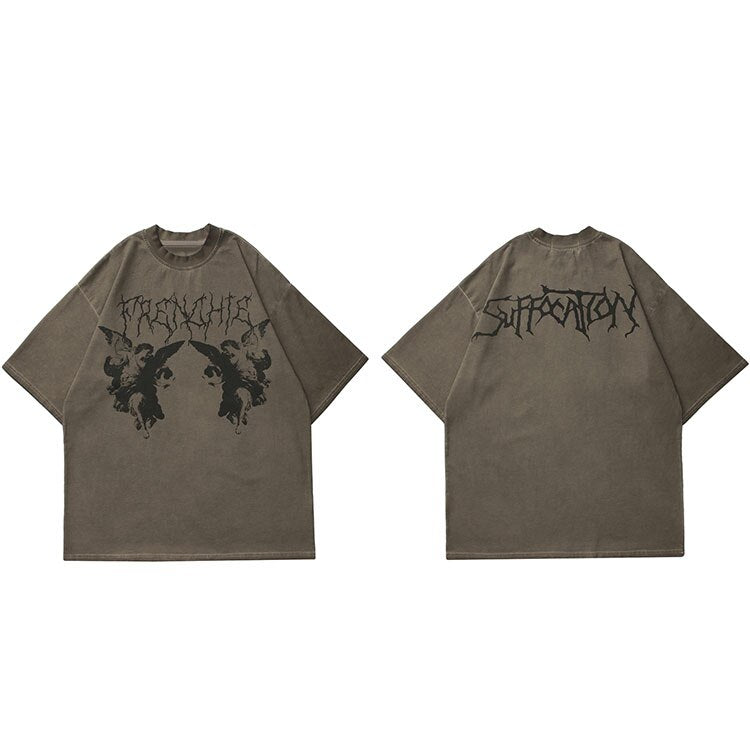 TRENCHIE Suffocation Fairy Angel Loose T-Shirt Brown, M - Streetwear T-Shirt - Slick Street