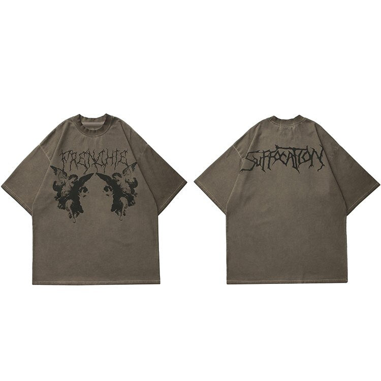 TRENCHIE Suffocation Fairy Angel Loose T-Shirt Brown, M - Streetwear T-Shirts - Slick Street