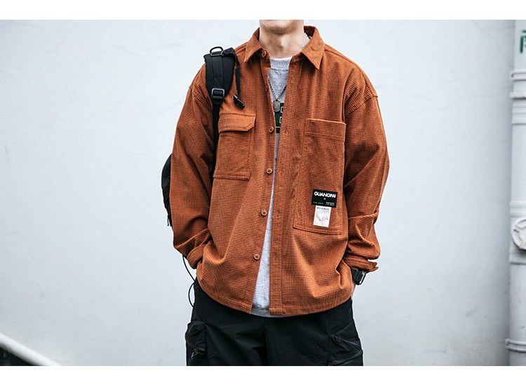Corduroy Waffle Plaid Semi Collar Overshirt ,  - Streetwear Tops - Slick Street