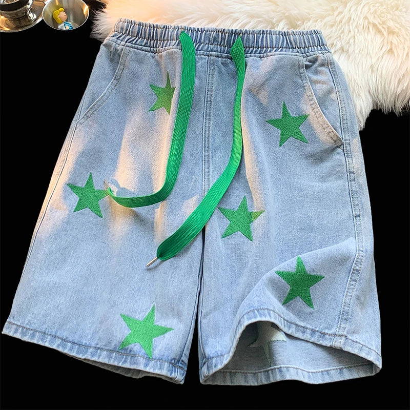 Five-point Star Patchwork Elastic Waist Shorts Light Blue, M - Streetwear Shorts - Slick Street