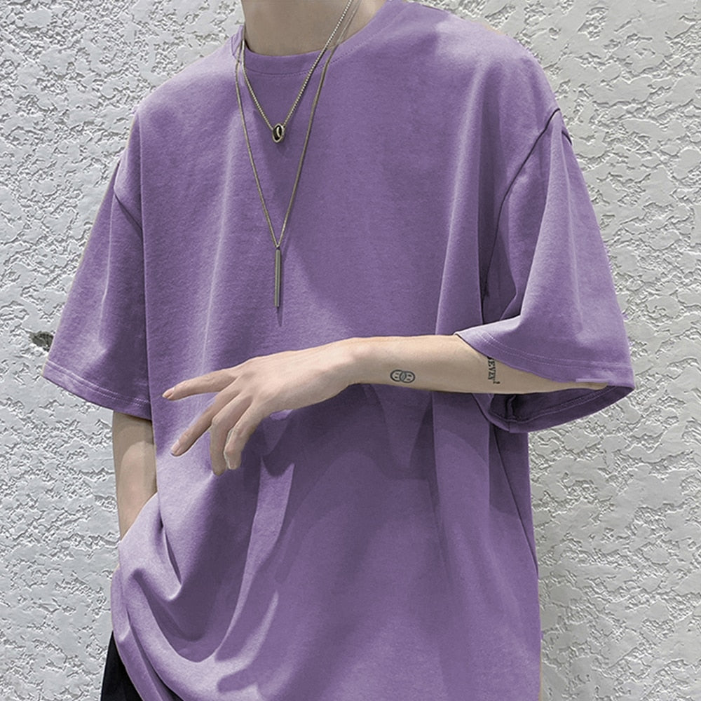 Loose Round Neck Plain T-Shirt , - Streetwear T-Shirts - Slick Street