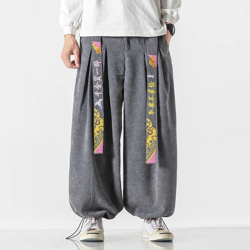 Corduroy Embroidered Baggy Style Pants XS, Gray - Streetwear Pants - Slick Street