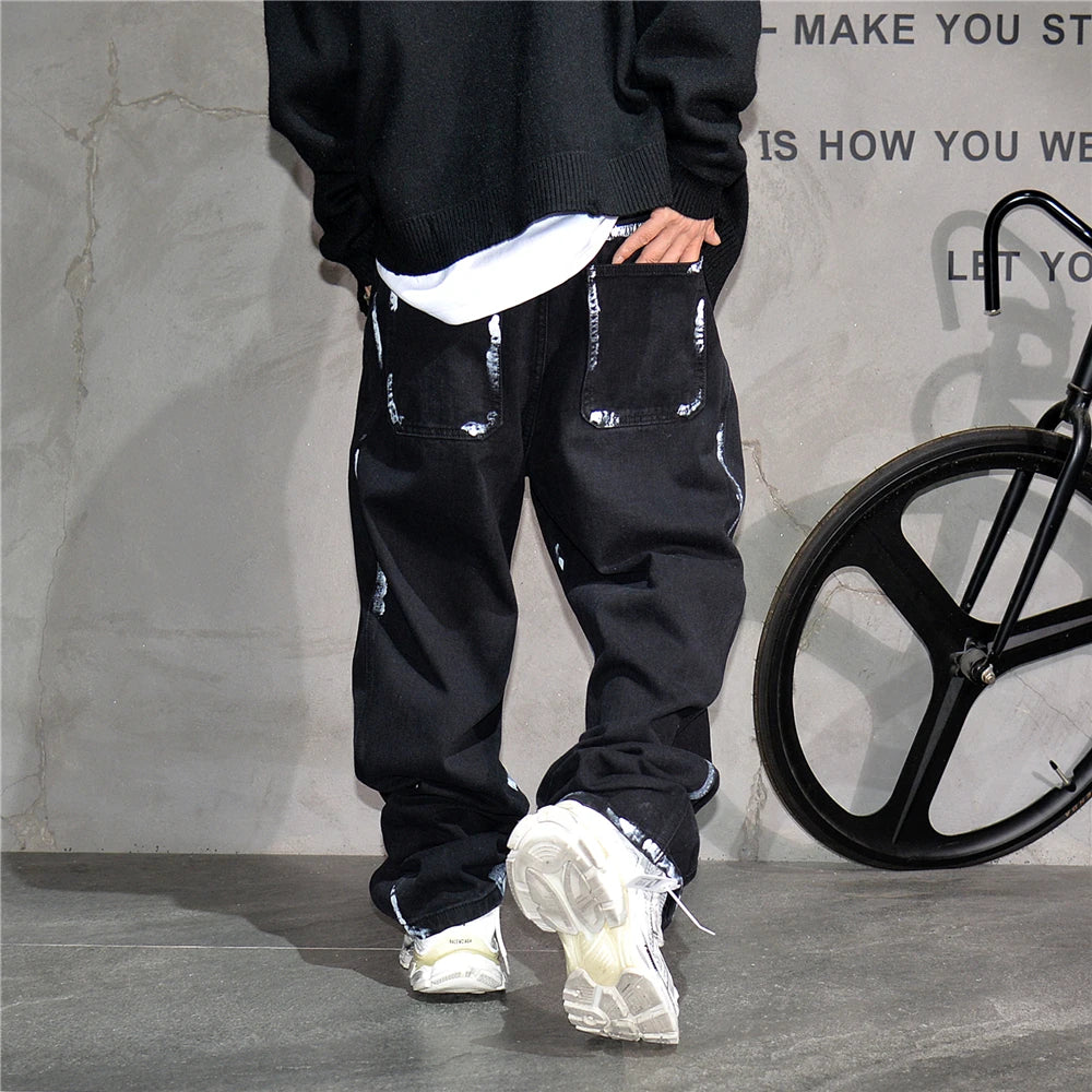 Ebony Black Splash Paint Style Pants , - Streetwear Pants - Slick Street