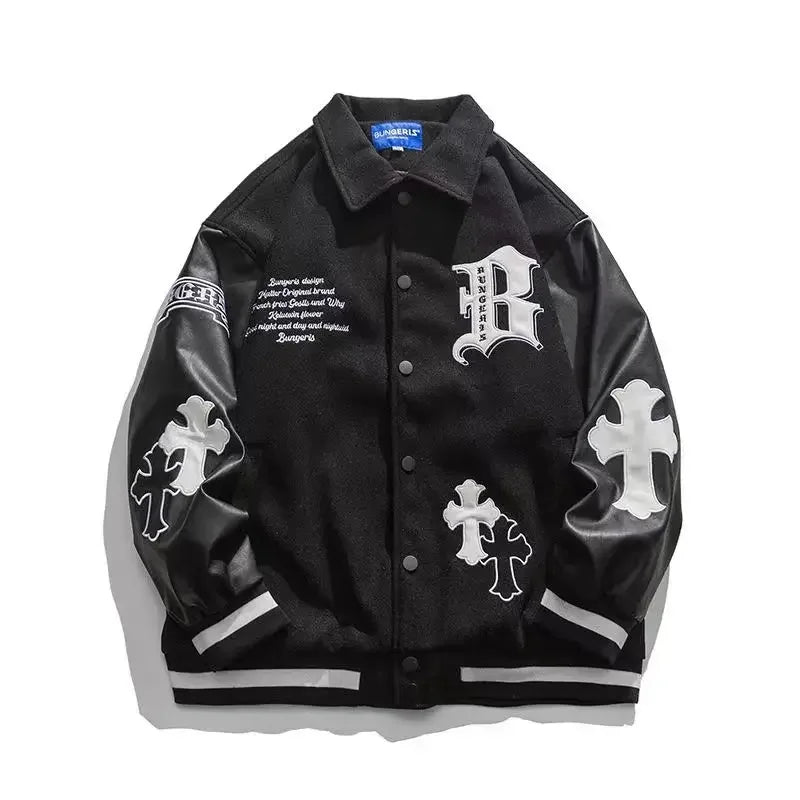 Crucifix Sign Patchwork Raglan Sleeves jacket Beige, S - Streetwear Jacket - Slick Street