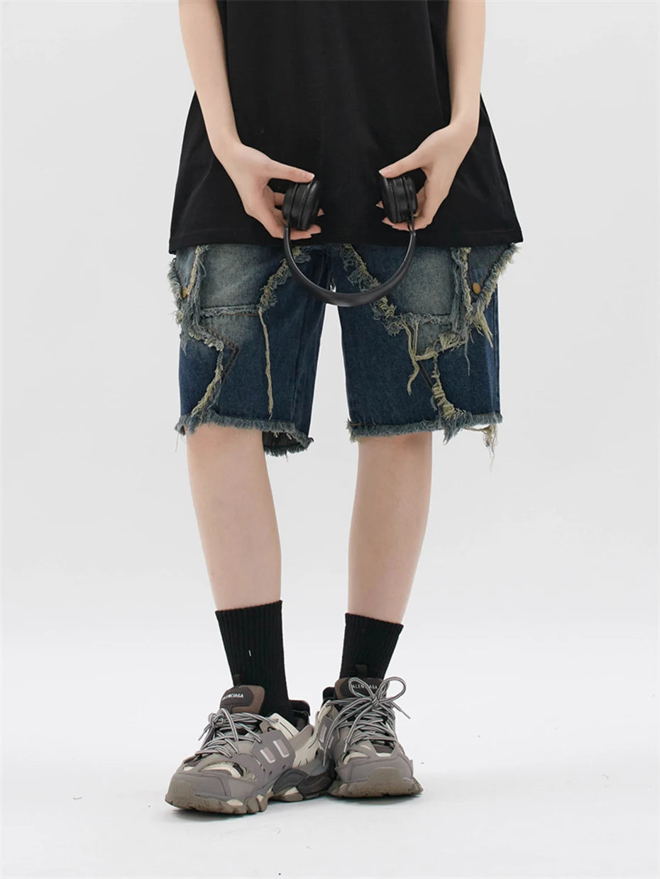 Blue Denim Tassel Star Shorts , - Streetwear Shorts - Slick Street