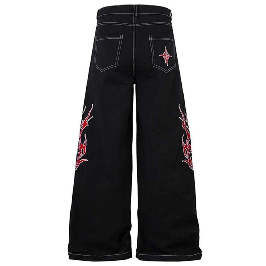 Flame Embroidery Straight Leg Pants , - Streetwear Pants - Slick Street