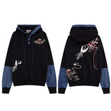 Japanese Minka Crane Bridge Patchwork Hoodie Black, M - Streetwear Hoodie - Slick Street
