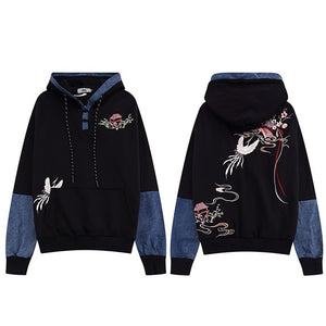Japanese Minka Crane Bridge Patchwork Hoodie Black, M - Streetwear Hoodie - Slick Street