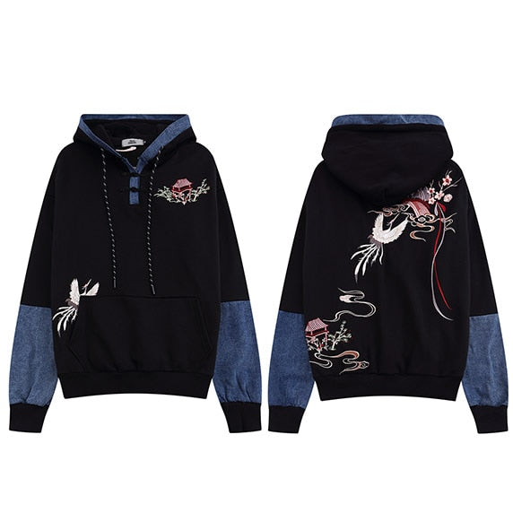 Japanese Minka Crane Bridge Patchwork Hoodie Black, M - Streetwear Hoodie - Slick Street