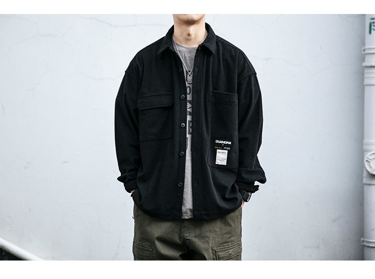 Corduroy Waffle Plaid Semi Collar Overshirt ,  - Streetwear Tops - Slick Street