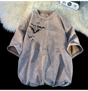 Flying Bat Graphic Gothic Washed Corduroy T-Shirt ,  - Streetwear T-Shirt - Slick Street