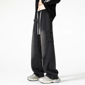 Straight Legs Side Coil Button Pants Black, XS - Streetwear Jeans - Slick Street