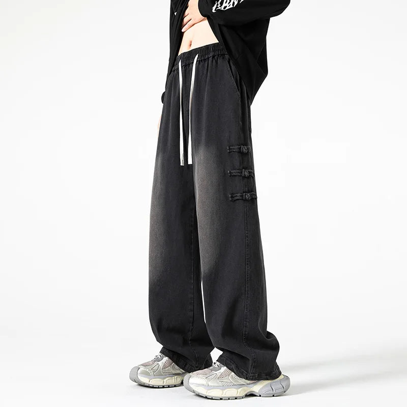 Straight Legs Side Coil Button Pants Black, XS - Streetwear Jeans - Slick Street