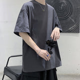 Loose Round Neck Plain T-Shirt Dark Grey, S - Streetwear T-Shirts - Slick Street
