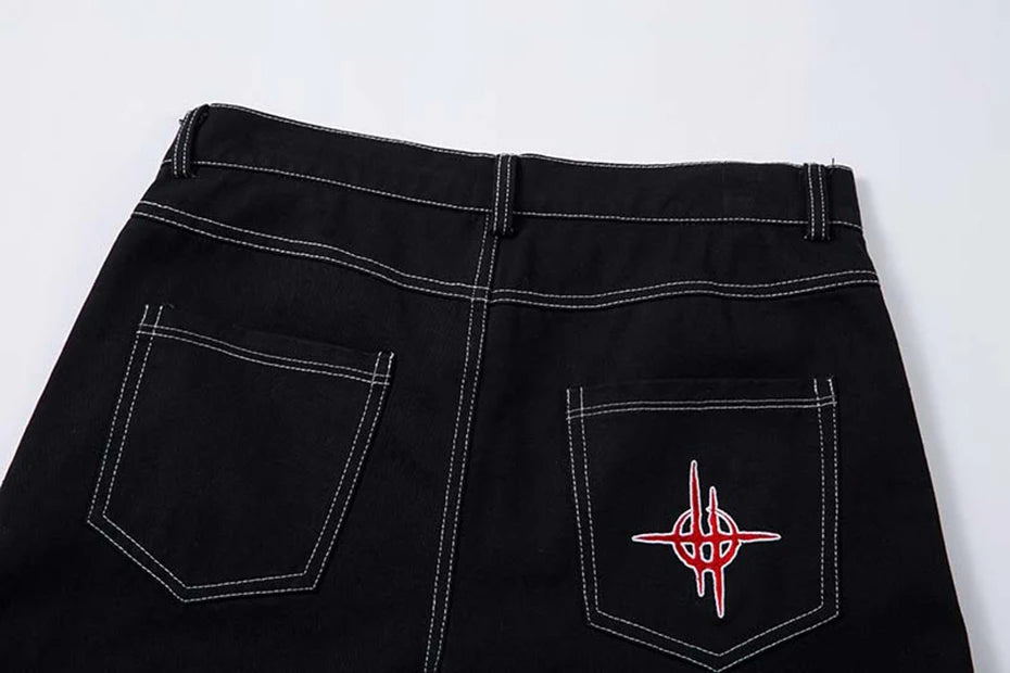 Flame Embroidery Straight Leg Pants , - Streetwear Pants - Slick Street