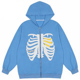 VERBLEE Rib Cage Graphic Zipper Hoodie Blue, M - Streetwear Hoodie - Slick Street