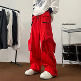Multi Pockets Button-Up Streetwear Pants Red, XXS - Streetwear Pants - Slick Street