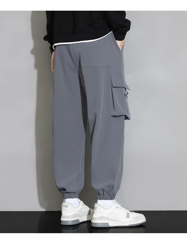 Plain Color Drawstring Knee Cargo Pocket Pants ,  - Streetwear Pants - Slick Street